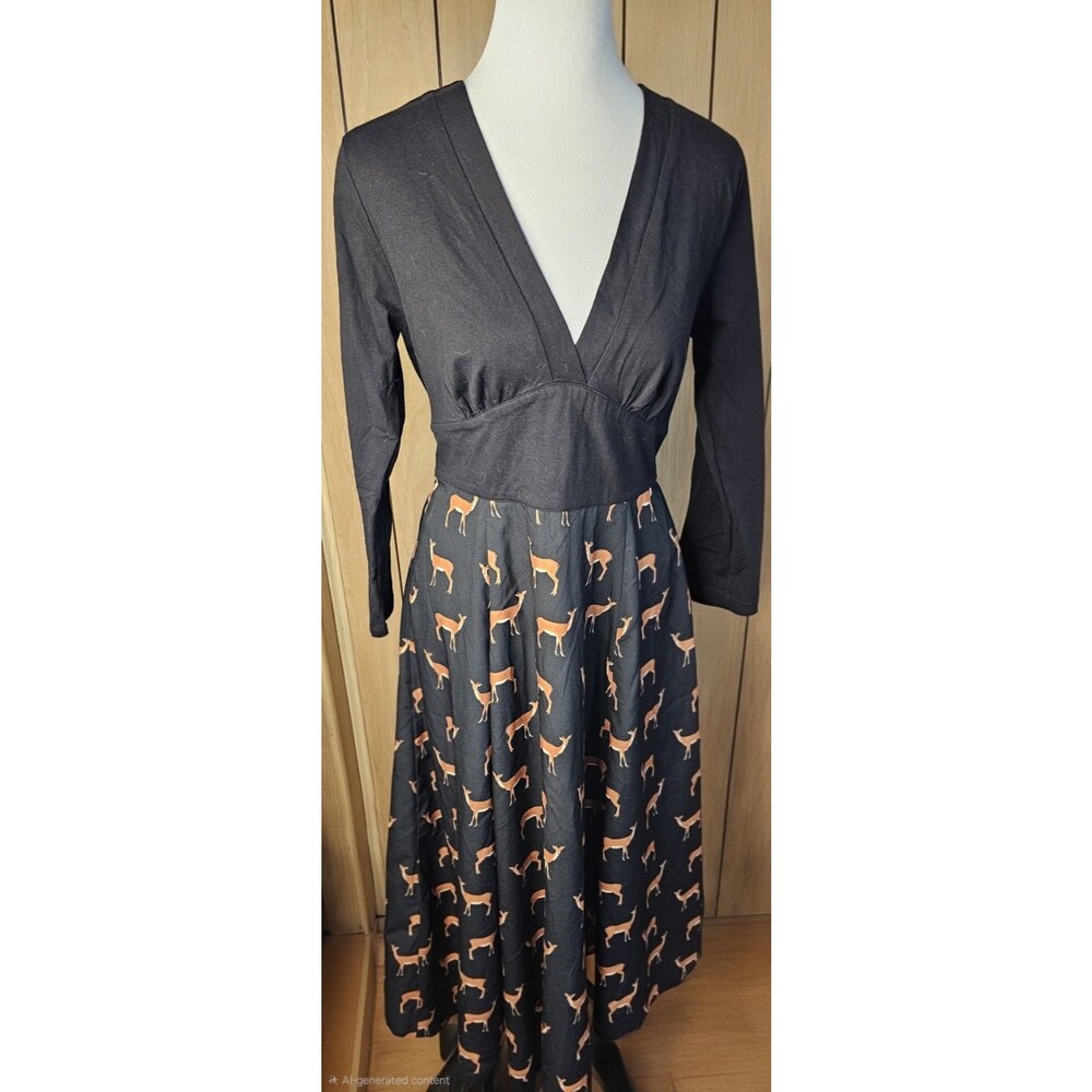 eShakti Women’s M 10 Black Deer Print Fit & Flare Dress 3/4 Sleeve Cottagecore